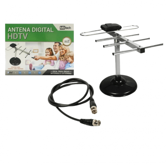 Antena Digital Televisão Hd tv Interna e externa Fio 5,0 metros Base VHF UHF FM