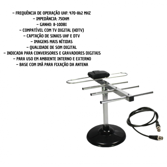 Antena Digital Televisão Hd tv Interna e externa Fio 5,0 metros Base VHF UHF FM